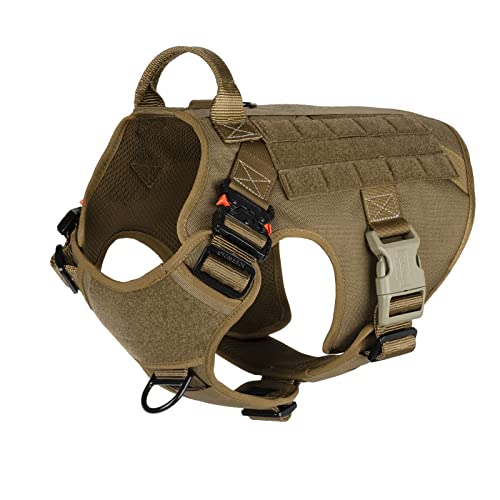 ICEFANG Tactical Dog Harness with 2X Metal Buckle,Dog Walking Training MOLLE Vest with Handle,No Pulling Front Leash Clip,Hook and Loop for Dog Patch (L (28"-35" Girth), Coyote Brown) from frostwolf
