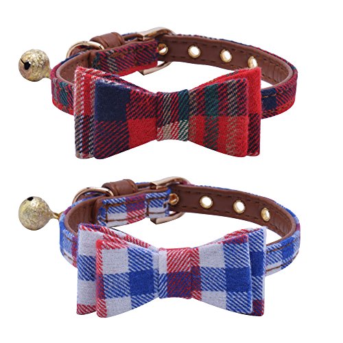 PUPTECK 2 Pack Adjustable Bowtie Small Dog Puppy Collar with Bell Charm 8-10 Black & Purple, Adorable, Classic Plaid from Beibao