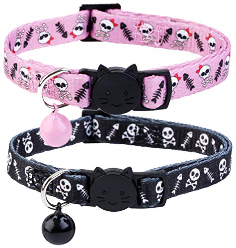 BoomBone Skull Cat Collar Breakaway with Bell,Pack of 2 Safe Halloween Puppy Collars by Upaw