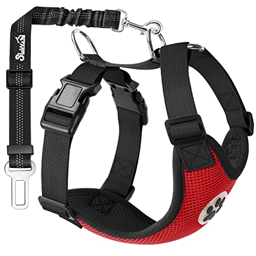 SlowTon Dog Car Harness Plus Connector Strap, Multifunction Adjustable Vest Harness Double Breathable Mesh Fabric with Car Vehicle Safety Seat Belt .(Red, Medium) from Slowton