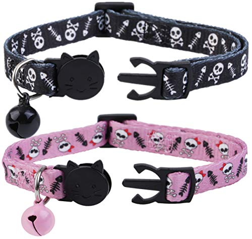 BoomBone Skull Cat Collar Breakaway with Bell,Pack of 2 Safe Halloween Puppy Collars by Upaw