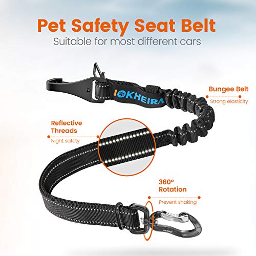 IOKHEIRA Dog Seatbelt, Updated Dog Seat Belt, Adjustable Dog Seatbelt Harness, Reflective Bungee Dog Car Seatbelt with Hook& Buckle, Dog Car Seat Belt with Aviation Aluminum Alloy Rotatable Carabiner by IOKHEIRA
