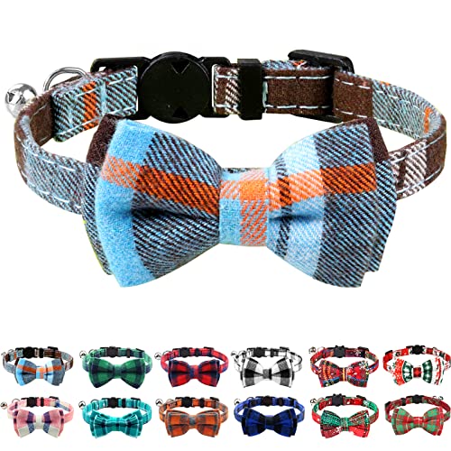 Joytale Breakaway Cat Collar with Bow Tie and Bell, Cute Plaid Patterns, 1 Pack Kitty Safety Collars,Haze Blue by Joytale