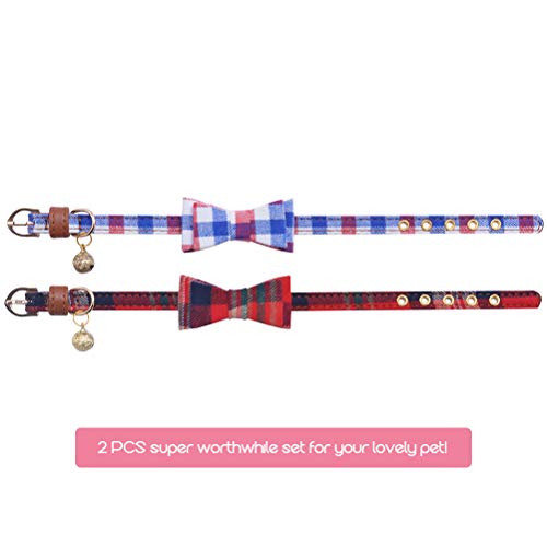 PUPTECK 2 Pack Adjustable Bowtie Small Dog Puppy Collar with Bell Charm 8-10 Black & Purple, Adorable, Classic Plaid from Beibao