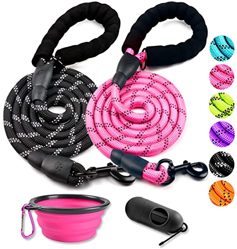 COOYOO 2 Pack Dog Leash 5 FT Heavy Duty - Comfortable Padded Handle - Reflective Dog Leash for Medium Large Dogs with Collapsible Pet Bowl by COOYOO