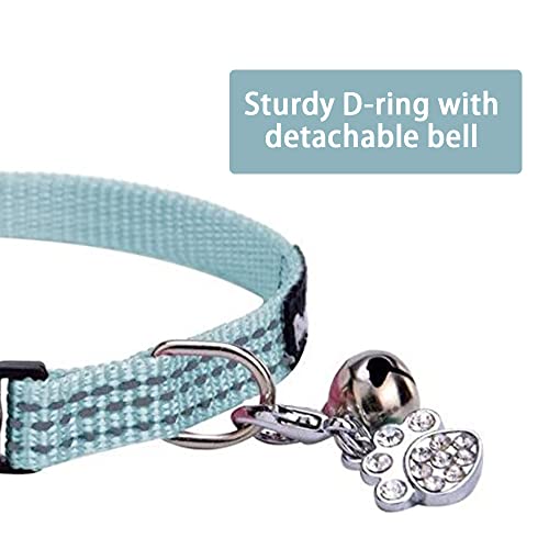 BINGPET Safety Nylon Reflective Cat Collar Breakaway Adjustable Cats Collars with Bell and Bling Paw Charm, Light Blue from Bingpet