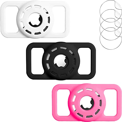 BoneStyle Case Compatible with Airtag Dog Collar Holder + 4 pcs Screen Protector for Apple Air Tag Protective Silicone Cat Small Pet Puppy Loop Airtags Cases (A Black+White+GlowPink 3 Pack) from MARVAL