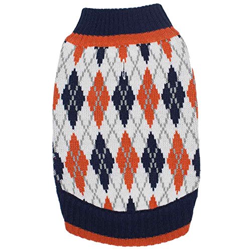 Blueberry Pet 2 Patterns Chic Argyle All Over Dog Sweater in Midnight Blue and Dark Princeton Orange, Back Length 12", Pack of 1 Clothes for Dogs from Blueberry Pet