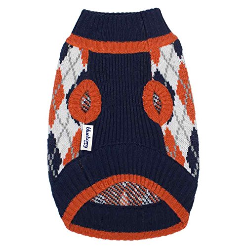 Blueberry Pet 2 Patterns Chic Argyle All Over Dog Sweater in Midnight Blue and Dark Princeton Orange, Back Length 12", Pack of 1 Clothes for Dogs from Blueberry Pet