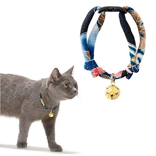 Necoichi Chirimen Cat Collar with Clover Bell, Navy from Necoichi