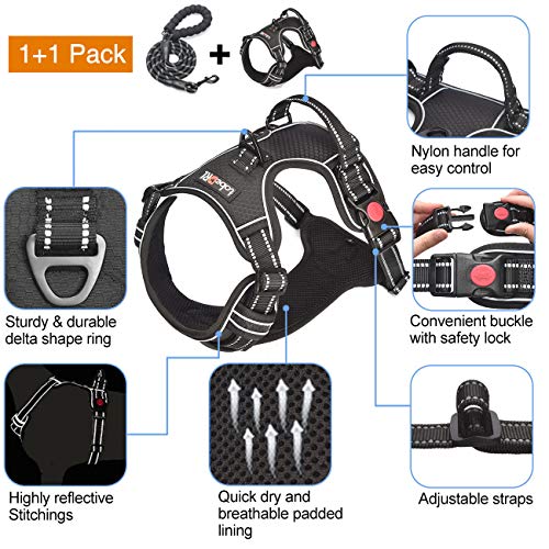 tobeDRI No Pull Dog Harness Adjustable Reflective Oxford Easy Control Medium Large Dog Harness with A Free Heavy Duty 5ft Dog Leash (L (Neck: 18"-25.5", Chest: 24.5"-33"), Black Harness+Leash) by tobedri