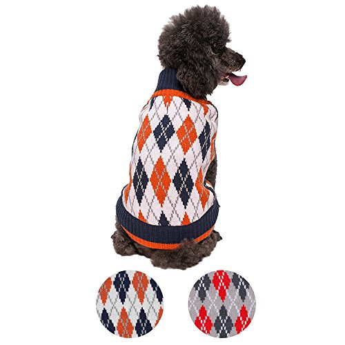 Blueberry Pet 2 Patterns Chic Argyle All Over Dog Sweater in Midnight Blue and Dark Princeton Orange, Back Length 12", Pack of 1 Clothes for Dogs from Blueberry Pet