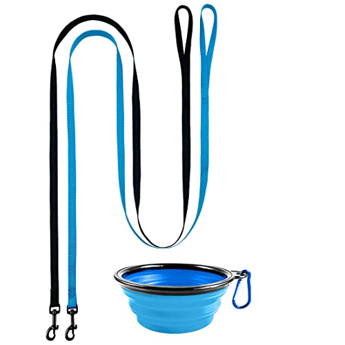 DOYOO 2 Pack Puppy Dog Leash Cat Leash, Strong and Durable Leash with Easy to Use Collar Hook - Dog Leashes for Cat with Collapsible Pet Bowl Great for Small and Medium Dog (Set 1-Black+Blue) by DOYOO