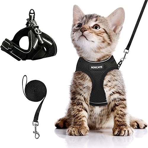 AOKCATS Cat Harness and Leash for Walking Escape Proof, Soft Adjustable Cat Leash and Harness Set with Reflective Strip & Hook and Loop Cat Vest Harness and Leash for Cats Kitten Small Pet, Black, S by AOKCATS