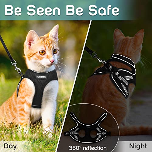 AOKCATS Cat Harness and Leash for Walking Escape Proof, Soft Adjustable Cat Leash and Harness Set with Reflective Strip & Hook and Loop Cat Vest Harness and Leash for Cats Kitten Small Pet, Black, S by AOKCATS