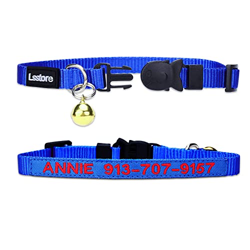 Personalized Nylon Cat Collar Break Away with Bell - Custom Embroidered Text ID Collars with Pet Name and Phone Number (Solid) by Lsstore