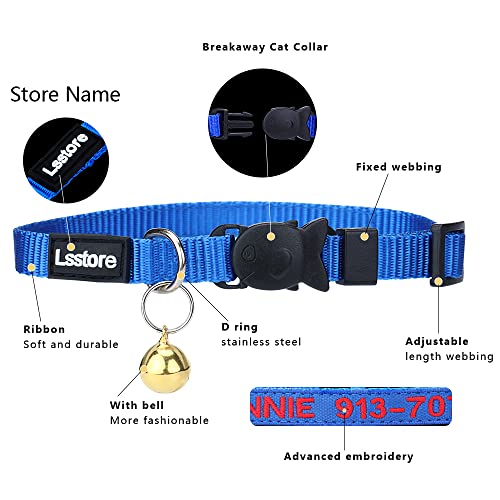 Personalized Nylon Cat Collar Break Away with Bell - Custom Embroidered Text ID Collars with Pet Name and Phone Number (Solid) by Lsstore