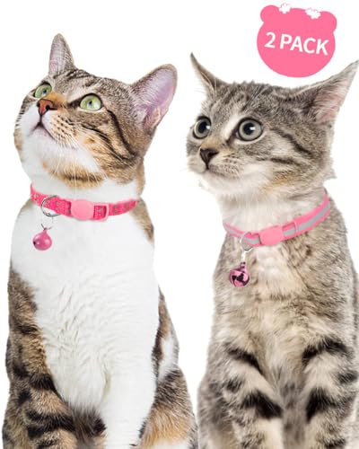 Taglory Reflective Cat Collars Breakaway with Bell, 2-Pack Girl Boy Pet Kitten Collar Adjustable 7.5-12.5 Inch, Pink from Taglory