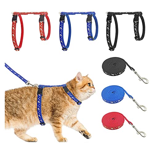 Cat Harness with Leash, 3-Pack, Unique Stars and Moon Design, Escape Proof, Walking, Small Medium Large, Black, Red, Blue, Adjustable, Safe from Bemix Pets