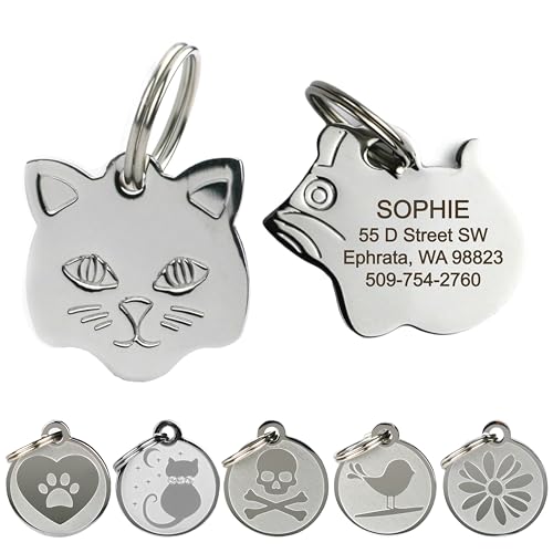 GoTags Stainless Steel Cat ID Tags, Available in Mouse and Cat Shapes, Includes up to 4 Lines of Custom Engraved Personalized Text, (Cat Shape) from GoTags