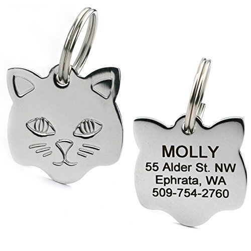 GoTags Stainless Steel Cat ID Tags, Available in Mouse and Cat Shapes, Includes up to 4 Lines of Custom Engraved Personalized Text, (Cat Shape) from GoTags