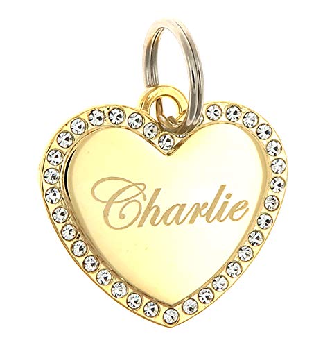 Custom Engraved Personalized Gold-Plated Medium Heart Rhinestones Pet Jewelry Cat Dog ID Tag for Casual Use by Yippo Accessories