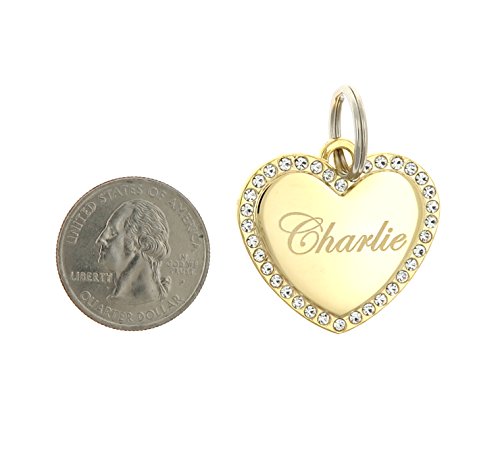 Custom Engraved Personalized Gold-Plated Medium Heart Rhinestones Pet Jewelry Cat Dog ID Tag for Casual Use by Yippo Accessories