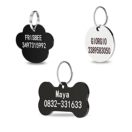 Stainless Steel Pet ID Tags, Personalized Dog Tags , 2 Lines of Custom Text,Names and Phone Number Engraved on Both Sides, in Bone, Round,Dog Paw; Black or Silver from Aiseel