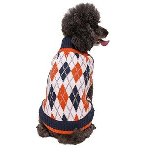 Blueberry Pet 2 Patterns Chic Argyle All Over Dog Sweater in Midnight Blue and Dark Princeton Orange, Back Length 12", Pack of 1 Clothes for Dogs from Blueberry Pet