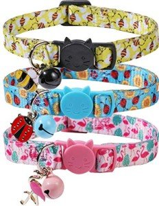 BoomBone Cat Collar Breakaway with Bell and Cute Animal Pendants, 3 Pack Bee Flamingo Beetle Spring Kitten Collar by Upaw