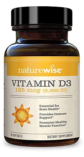 NatureWise Vitamin D3 5000iu (125 mcg) 1 Month Supply for Healthy Muscle Function, Bone Health and Immune Support, Non-GMO, Gluten Free in Cold-Pressed Olive Oil, Packaging May Vary (30 Mini Softgels)