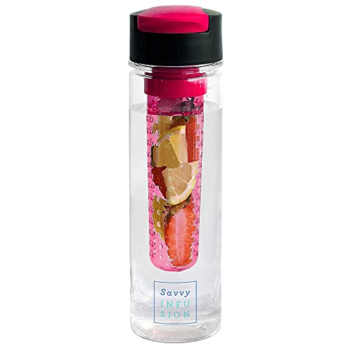 Savvy Infusion Flip Top Fruit Infuser Water Bottle - Unique Leak Proof Lid for Hikes, Outdoors - Dishwasher Safe made with Tritan Shatter Proof Plastic - Great Gifts for Women - 24 Ounces Pink