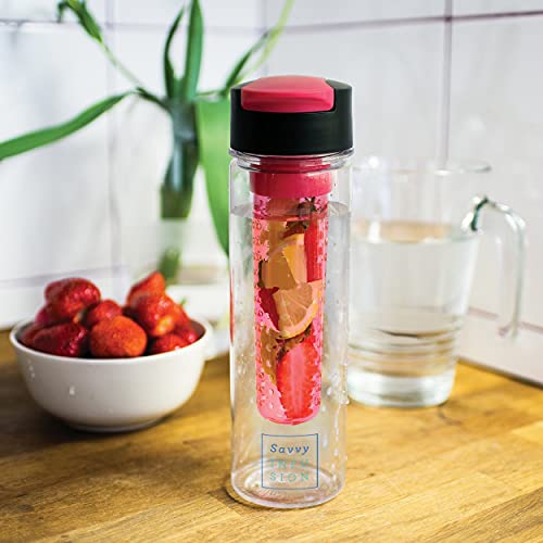Savvy Infusion Flip Top Fruit Infuser Water Bottle - Unique Leak Proof Lid for Hikes, Outdoors - Dishwasher Safe made with Tritan Shatter Proof Plastic - Great Gifts for Women - 24 Ounces Pink