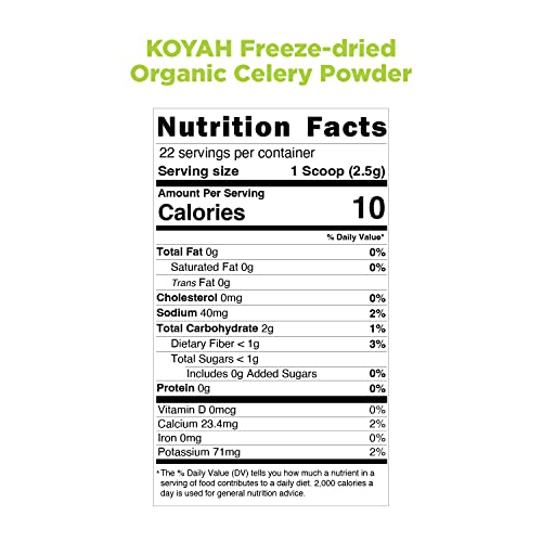 KOYAH - Organic USA Grown Celery Powder (1 Scoop = 1/2 Cup Fresh): 50 Servings, Freeze-dried, Whole-Stalk Powder