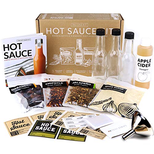 Deluxe Hot Sauce Making Kit, 3 Varieties of Chili Peppers, Gourmet Spice Blend, 3 Bottles, 11 Fun Labels, Make your own sauce, Fun DIY Gift For Dad, Brother, Uncle. (Deluxe Kit)