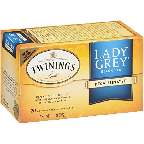 Twinings Decaffeinated Lady Grey Individually Wrapped Tea Bags,Black Tea, Orange Peel & Lemon Peel,20 Count Pack of 6
