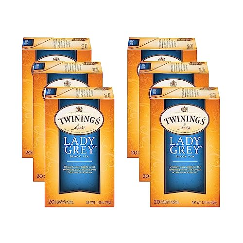 Twinings Lady Grey Individually Wrapped Tea Bags, 20 Count Pack of 6, Black Tea, Orange Peel & Lemon Peel, Caffeinated
