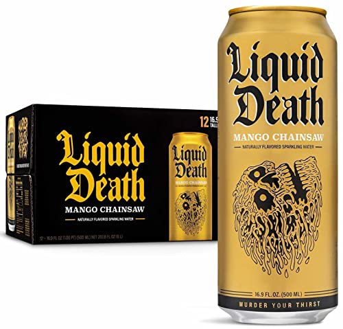 Liquid Death Sparkling Water, Mango Chainsaw 16.9 oz Cans (12-Pack)