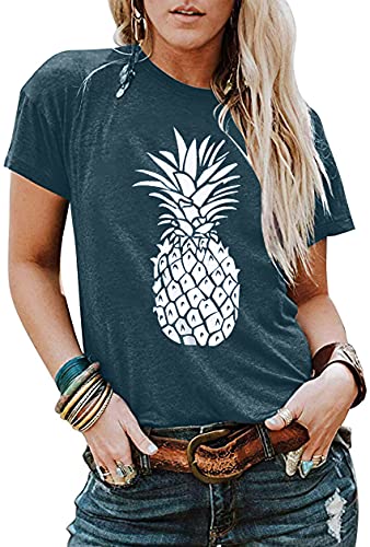 DUTUT Pineapple Printed Funny T Shirt Women's Summer Fruits Lover Casual Short Sleeve Tops Blouse (XL, Green)