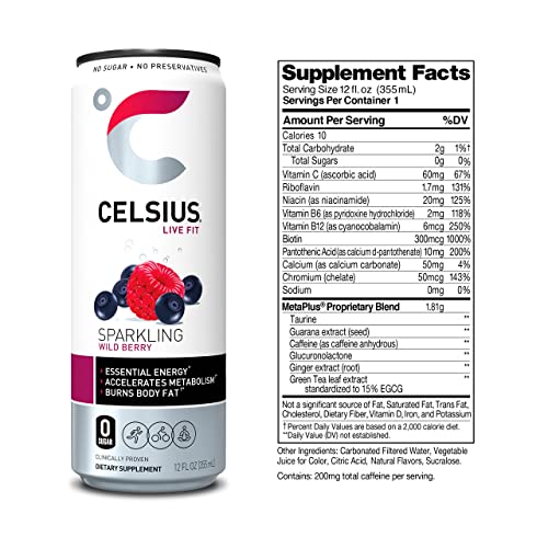 CELSIUS Essential Energy Drink 12 Fl Oz, Sparkling Wild Berry (Pack of 24)