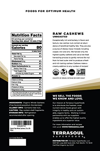 Terrasoul Superfoods Organic Raw Whole Cashews, 32 oz./2lb