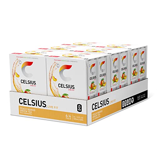 CELSIUS Peach Mango Green Tea, Functional Essential Energy Drink 12 Fl Oz, 4 count (Pack of 6)
