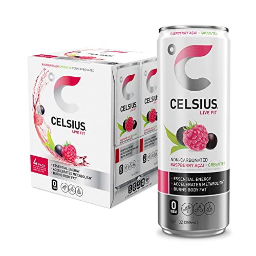 CELSIUS Raspberry Acai Green Tea, Functional Essential Energy Drink 12 Fl Oz (Pack of 24)