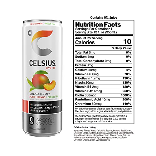CELSIUS Peach Mango Green Tea, Functional Essential Energy Drink 12 Fl Oz, 4 count (Pack of 6)