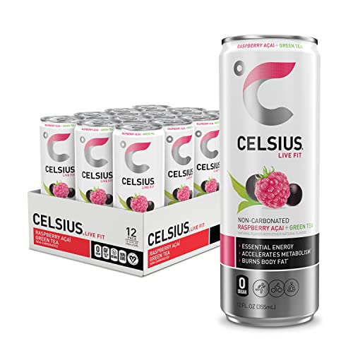 CELSIUS Raspberry Acai Green Tea, Functional Essential Energy Drink 12 Fl Oz (Pack of 12)