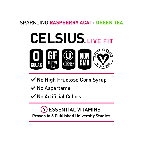 CELSIUS Raspberry Acai Green Tea, Functional Essential Energy Drink 12 Fl Oz (Pack of 12)