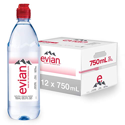 evian Natural Spring Water Individual 750 mL/25.4 Fl Oz (Pack of 12), Water Bottles with Sports Cap, Naturally Filtered Spring Water in Individual-Sized Bottles