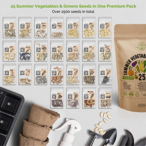 25 Summer Vegetable Garden Seeds Variety Pack for Planting Outdoors and Indoor Home Gardening 2500+ Non-GMO Heirloom Veggie & Salad Green Seeds: Collards Tomato Pepper Okra Onion Bean Cucumber & More