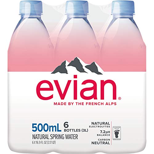 evian Natural Spring Water 500 mL/16.9 Fl Oz (Pack of 6), Bottled Naturally Filtered Spring Water in Individual-Sized Bottles