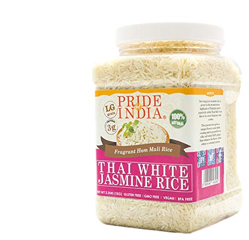 Pride Of India - Thai White Jasmine Rice - Fragrant Hom Mali Rice, 3.3 Pound (1.5 Kilo) Jar (2.2 Pound + Extra 50% Free = 3.3 Pounds Total)